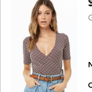 Geo Print Faux Wrap Top; Navy/Rust  🧡